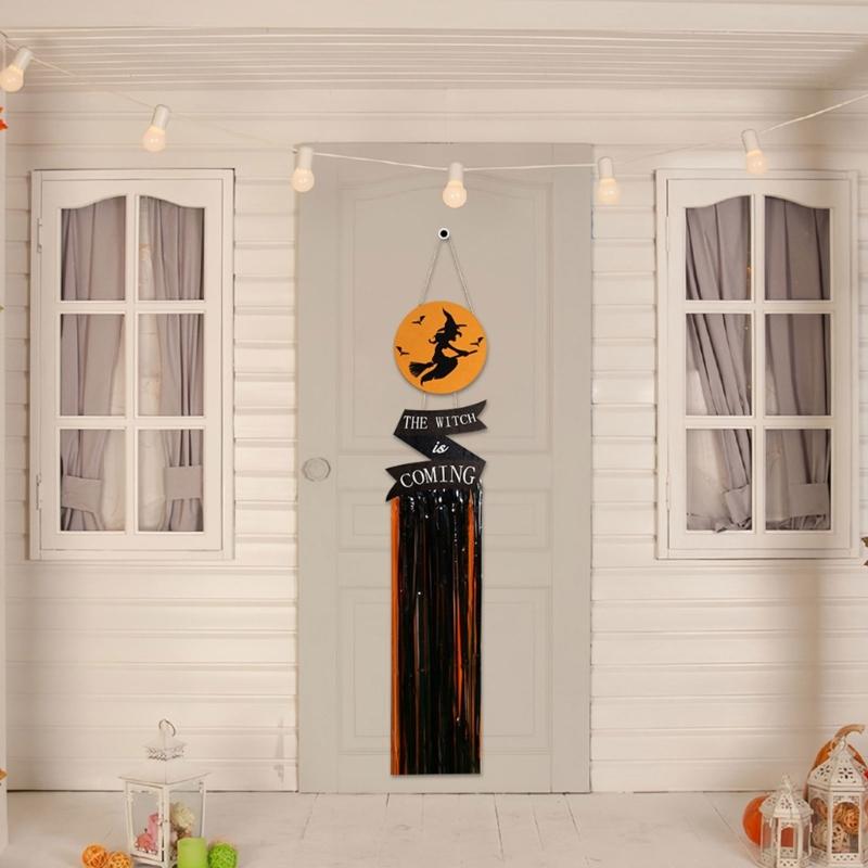 Wood Sign with Tassels Halloween Decoration Front Door Hanging Plaques Ornament with Bat Witch Pattern for Home Decors