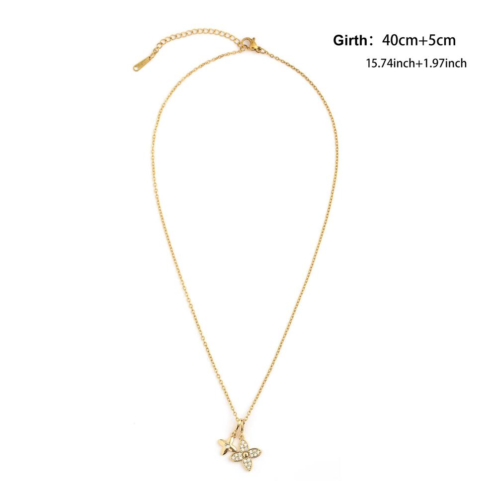 Fashion Micro-Set Four-Leaf Clover Double Pendant Titanium Steel Necklace for Women Gold Plated Non-Fading Ladies Clavicle Chain