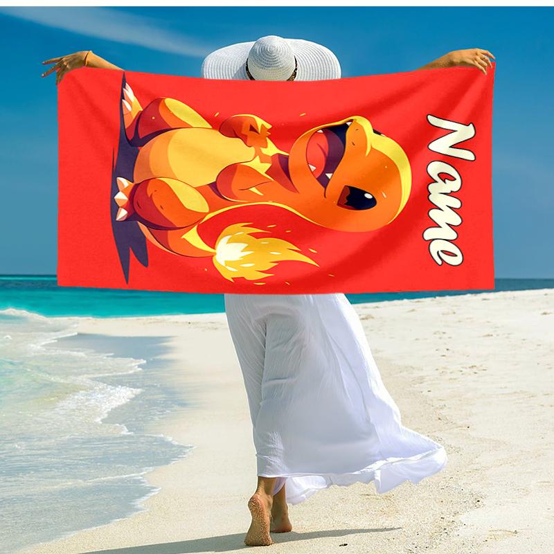 Personalized customized proof beach towel with Pokémon Charmander pattern - soft, absorbent,quick-drying,perfect swimming,camping&bathing