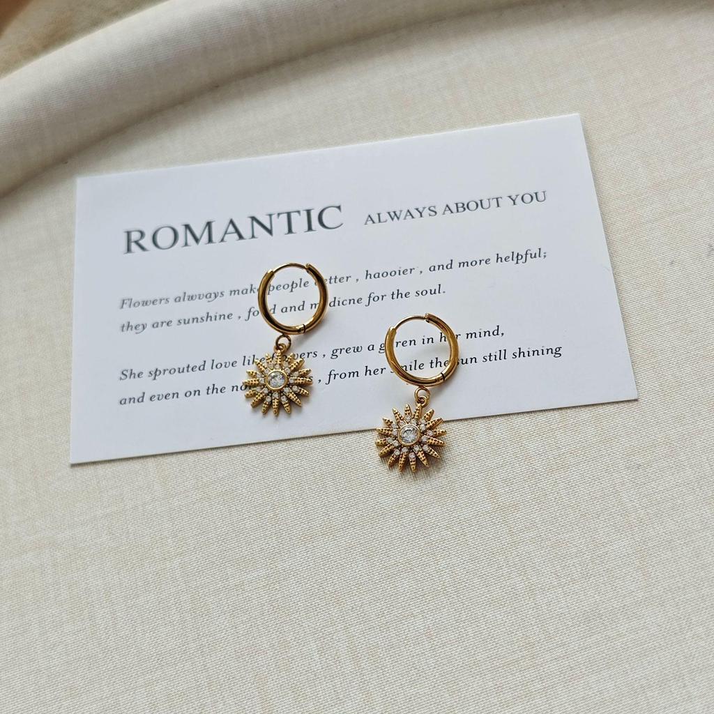 Gold Sunflower Pendant Earrings with Micro-Inlaid Zirconia - European & American Retro Luxury Style for Women