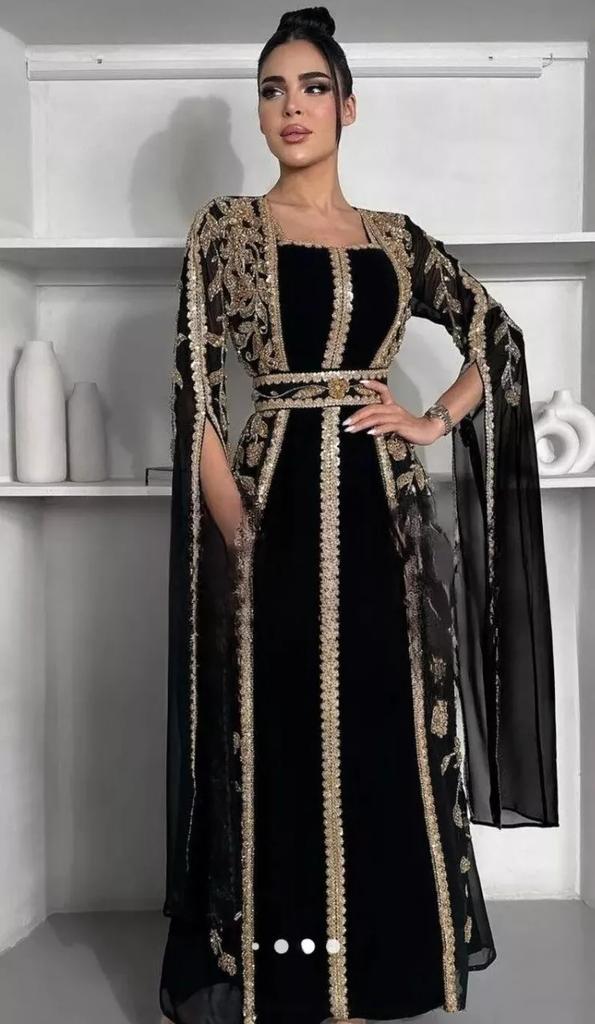 Women Georgette Black Stylish New Moroccan Dubai Kaftan Abaya Farasha Dress Long Gown