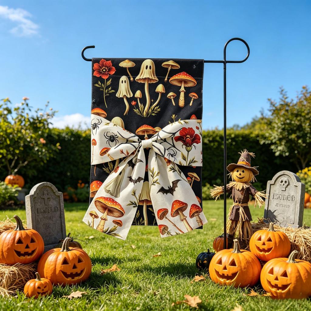 30*45cm Halloween Garden Flag, Double Sided Linen Bow Decor, Digital Printed Yard Banner for Patio Lawn Decoration