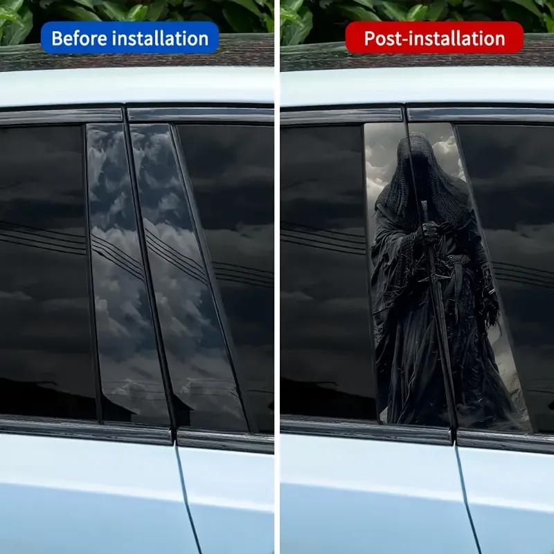 2Piece Swordsman Pattern Vinyl Car B-Pillar Sticker for B-Pillars and Doors on Metal and Plastic Surfaces, Dark Style Auto Parts