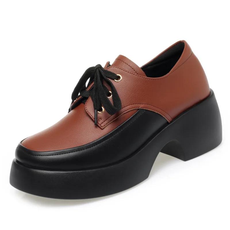 

Мода 2024 Элегантные Универсальные Ботинки на шнуровке на толстой подошве из мягкой кожи Женские Новые Ретро Удобные На высоком каблуке Повседневные Одинарные туфли 35 коричневый