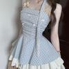 Vestido con Tirante de Cuadros Dulces: Falda acampanada sin mangas de cintura alta adelgazante para mujer