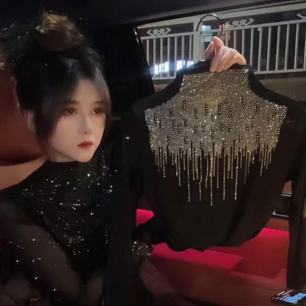 Elegant Rhinestone Long-Sleeve Women's Top - Autumn/Winter Base Layer with Half-High Neck