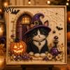 Cute Pet Themed Home Accents Halloween Witch Hat Cat DIY 3D Pearl Painting Kit with Frame, Hand-Pasted Art Craft for Adults, Relaxing Creative