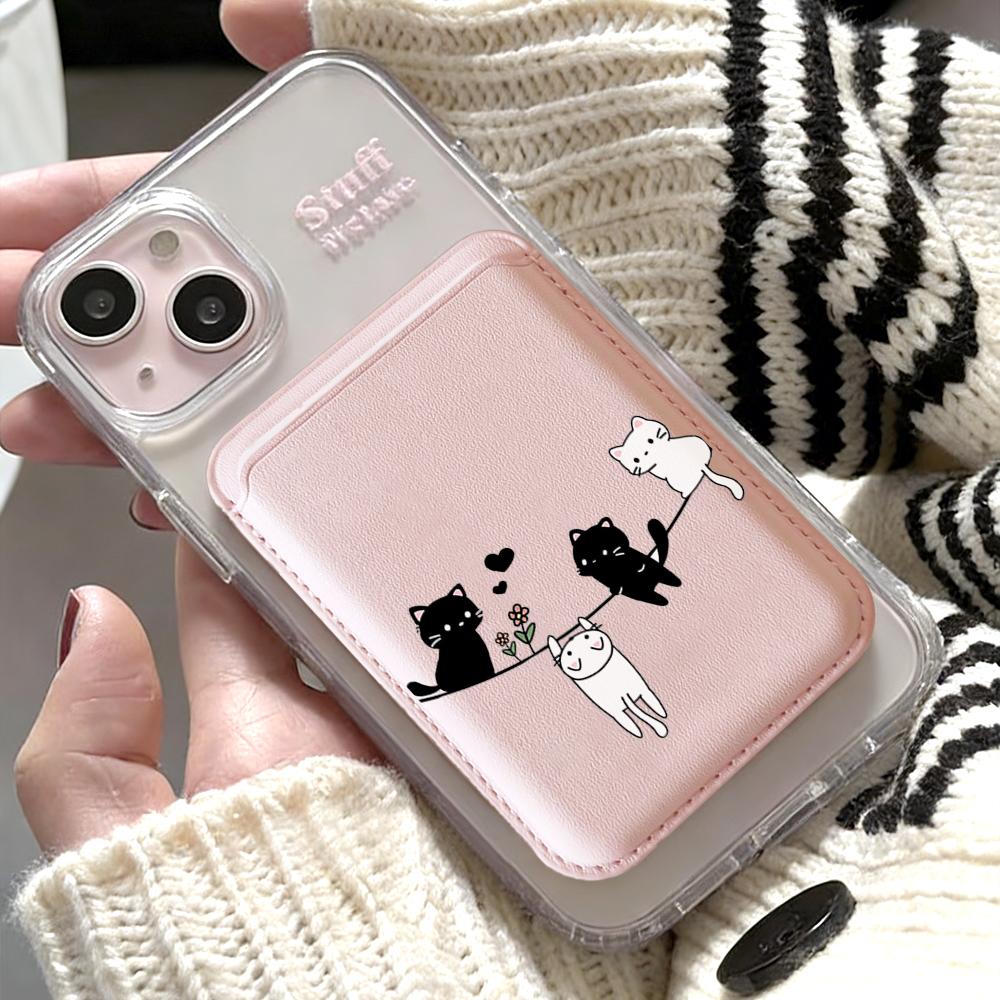 Cute Kitten Leather Card Wallet Cover Phone Card Holder Magnetic Case Suitable For All iPhone For Magsafe Card Phone Back Bag