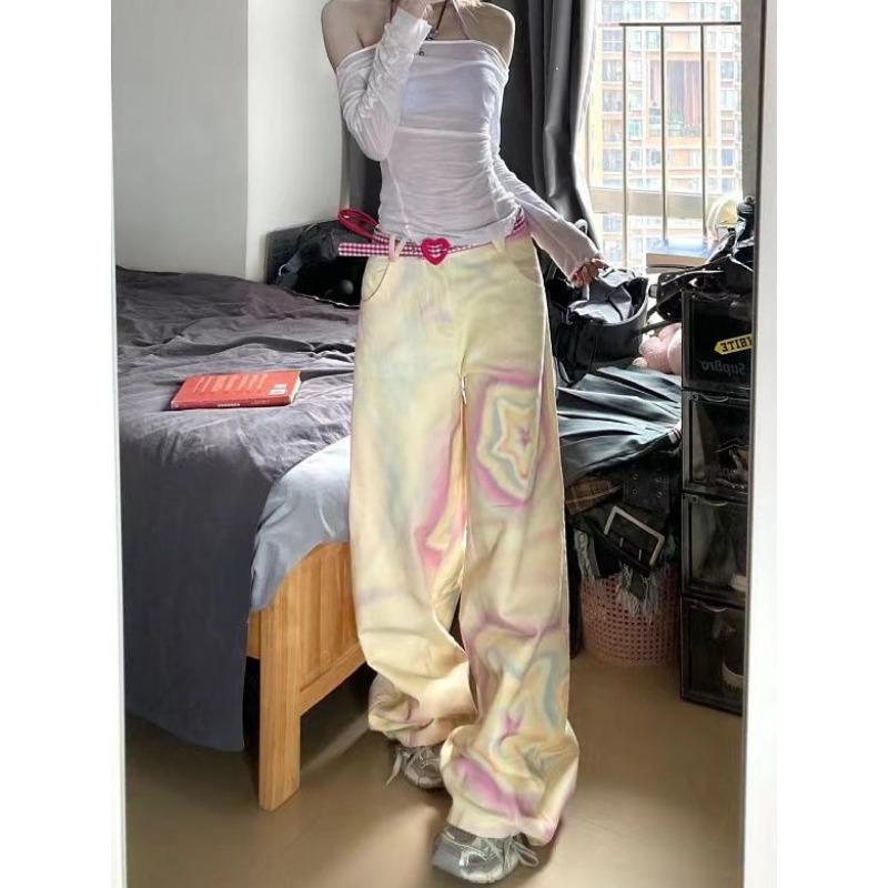 Pantalones vaqueros amarillos Y2k para mujer, pantalón vaquero con estampado de estrellas holgado estético Harajuku de los años 90, pantalones vaqueros coreanos, ropa Kawaii Vintage de los años 2000