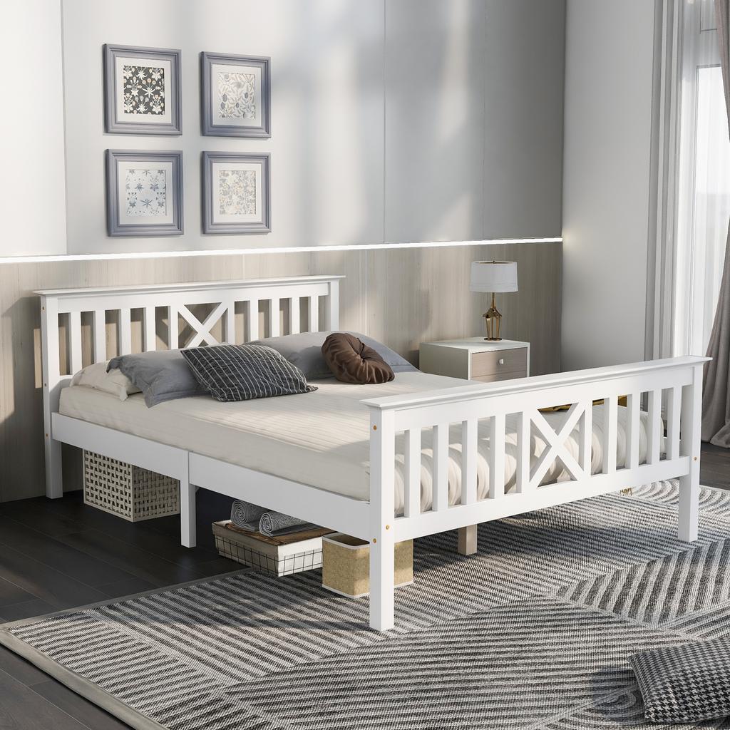 Holzbett Doppelbett aus Bettgestell mit Lattenrost Holzbett mit Kopfteil - 140 x 200 cm Massivholz Kinderbett Jugendbett Kiefer Massiv Weiß
