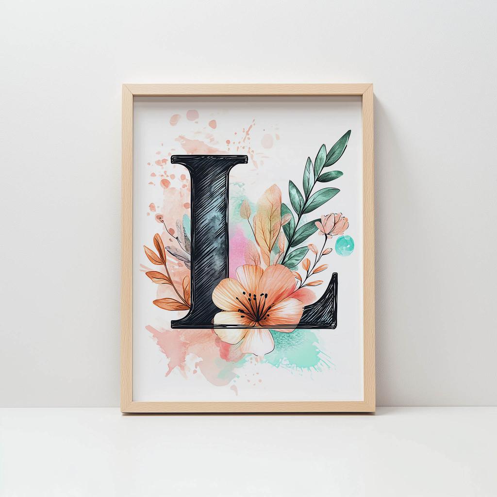 Plakat Litera "L" W Kwiatowej Kompozycji Plakat Litera "L" W Kwiatowej Kompozycji, 30X40 Cm, Rama Drewniana Ciemny Brąz, Papier Matowy 230 Gsm