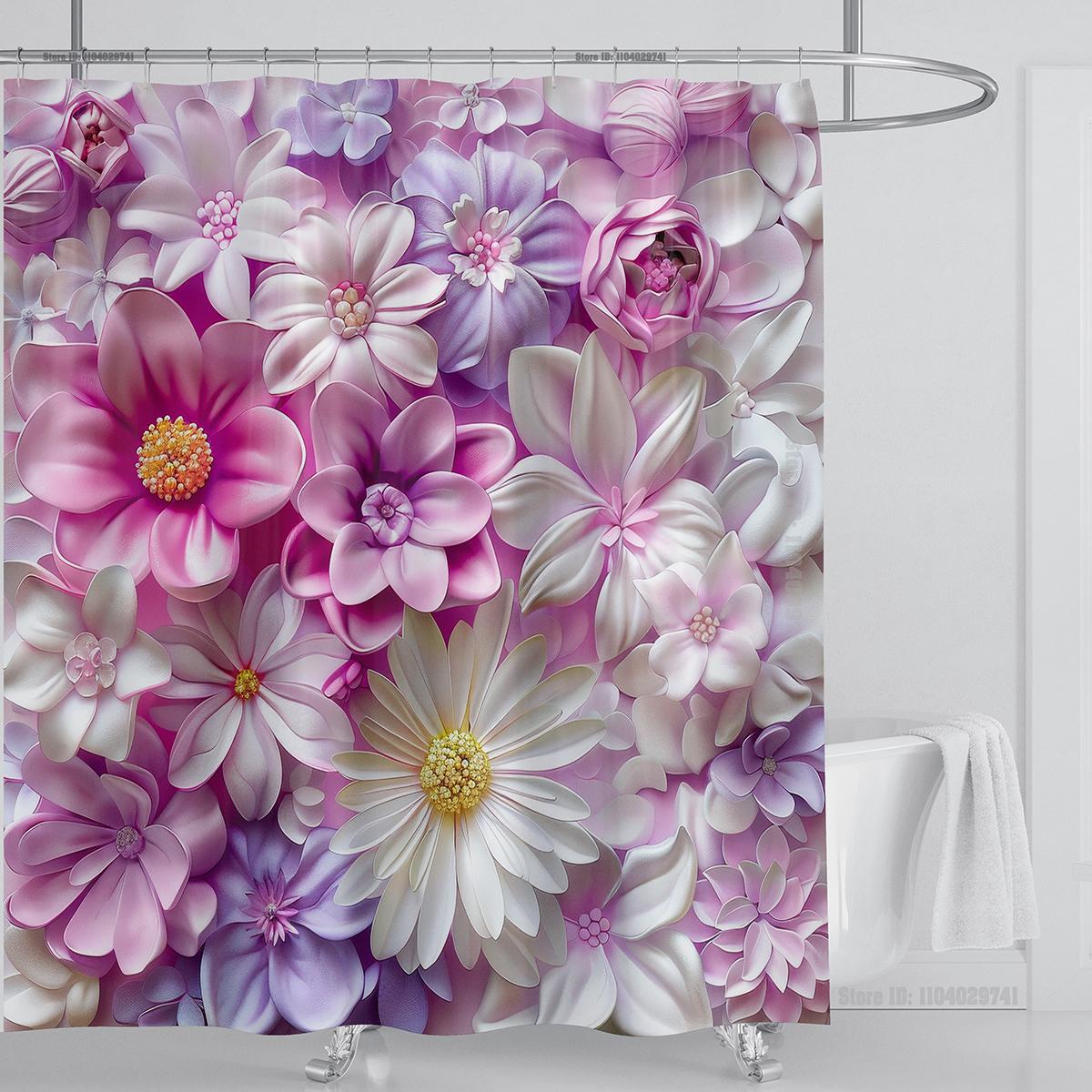 

3D Red Floral Shower Curtain Set Pink Flower Design Fabric Bathroom Decor Waterproof Washable Shower Curtain Set with Hooks W90xH180cm