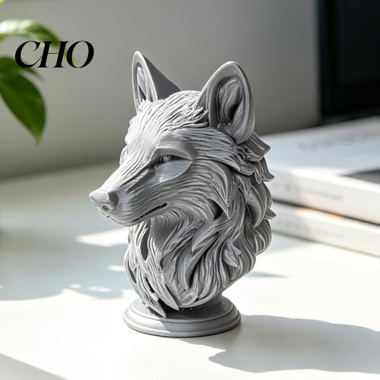 Decorazione Moderna Testa di Lupo Statuetta Stampata 3D, Statua Realistica con Base Rotonda Scultura Animale, Selvaggia per Casa Ufficio Libreria