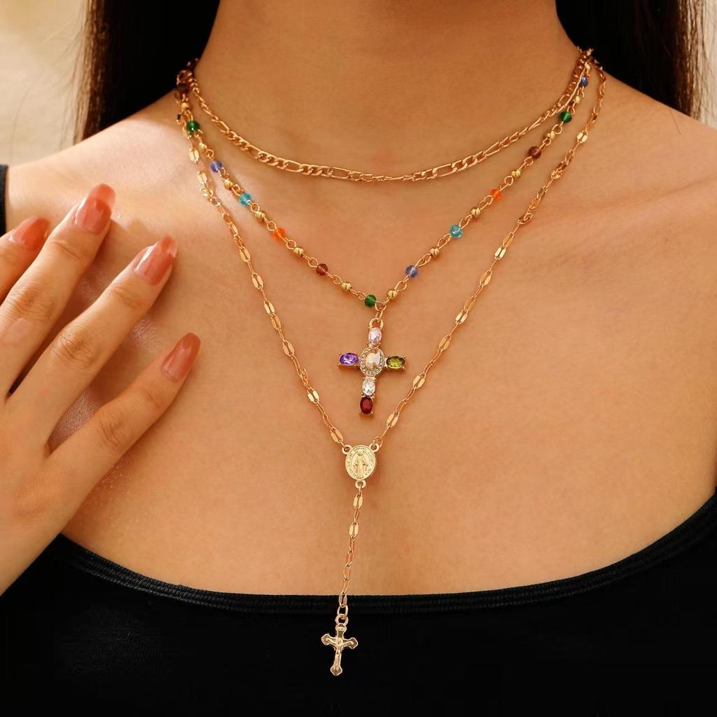 Creative Fashion Sense Colorful Double Layer Cross Pendant Collarbone Chain Y Shaped Tassel Necklace