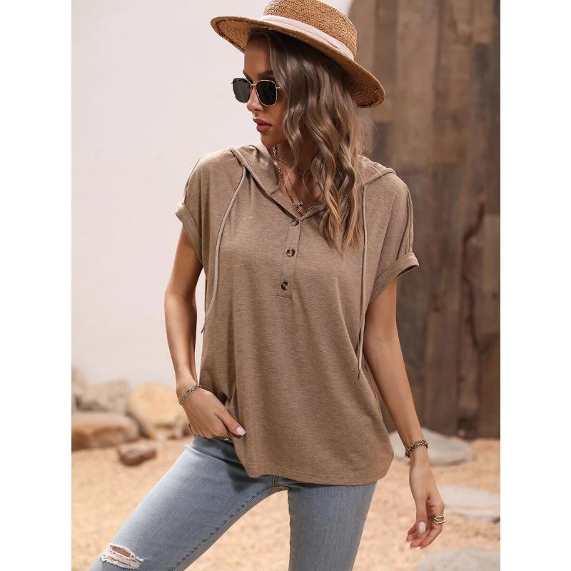 Summer Short Sleeved Hooded Women T-shirt New Loose Buttons Casual Simple T Shirt Female Plus Size Tops Women's Clothing 3267