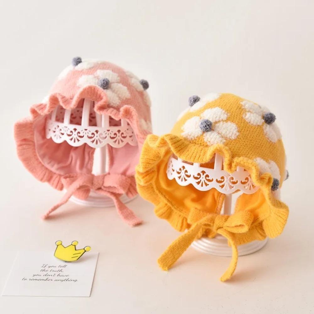 Autumn Winter Knit Hats for 1 - 2 Year - old Kids and Girls Soft Princess - style Pom - pom Beanies for Babies Flower