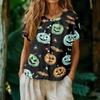 Women's Fashion Henley Neck Single Breasted Shirt Halloween Print Short Sleeve Casual Top Lightweight Blouse
