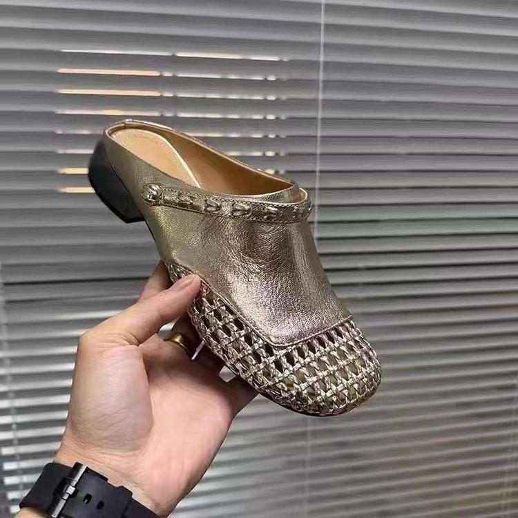 Baotou Half Slippers Women's Summer Outer Wear 2025 Summer New Thick-soled Inner Height Increase Hollow Woven One-pedal Slippers
