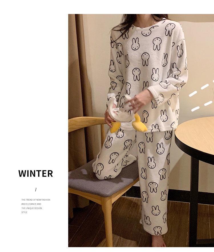 Damen Korallenfleece Cartoon Pyjama Set – Dicke, warme Flanell Hauskleidung für Herbst/Winter