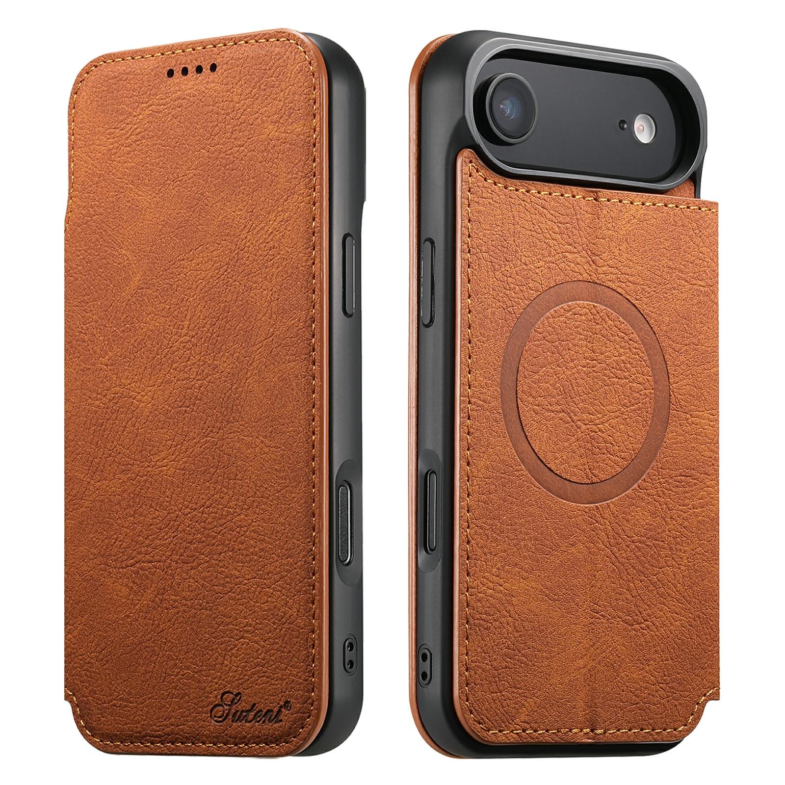 

SUTENI J06 For iPhone 17 Air Case Litchi Texture Leather Wallet Phone Shell Compatible with MagSafe Khaki