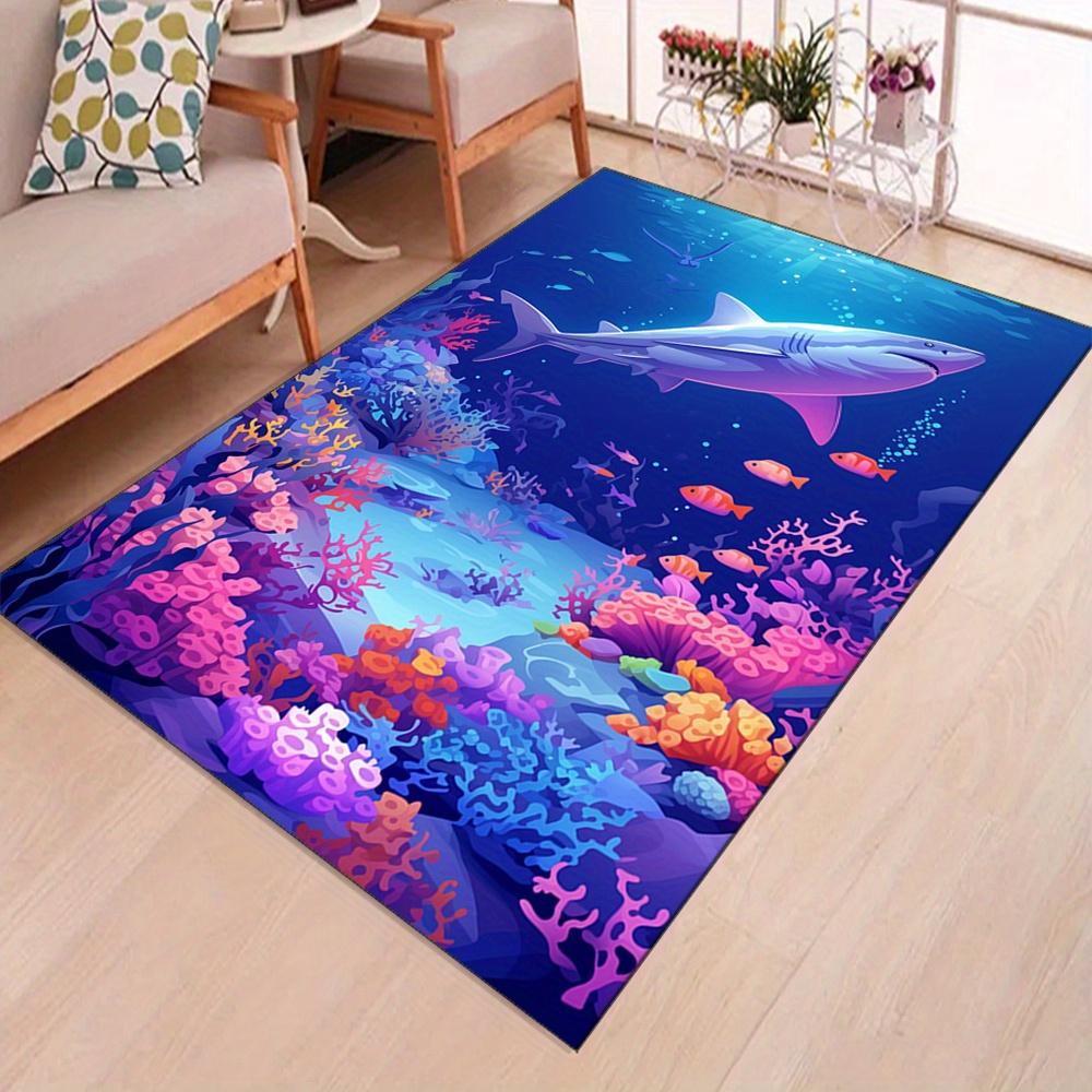Vibrant Shark & Coral Reef Area Rug - Durable  Crystal Velvet Carpet, Underwater Theme with Colorful Fish & Coral, Perfec