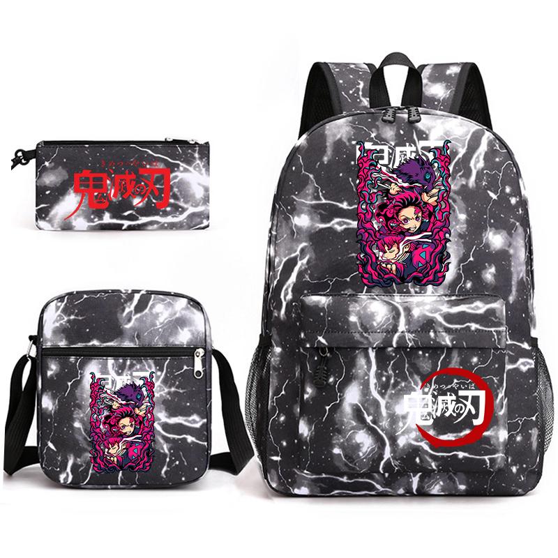 Demon Slayer Anime Print School Backpack Set 3Pcs Include Backpack Shoulder Bag Pencil Case for Boys Girls Students