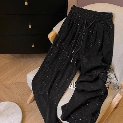 Women's Spring/Summer Black Sequin Textured High-Waisted Wide-Leg Slimming Pants