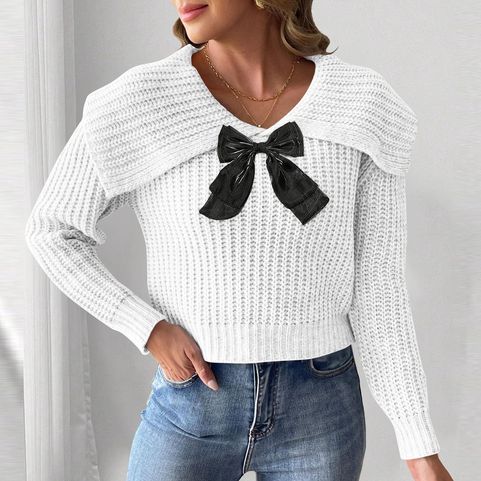 

Women s Short Large Collar Butterfly Knot Splicing Pullover Sweater Top S белый