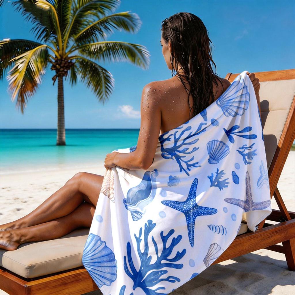Nautical Sea Shell 2D Flat Printed Microfiber Beach Towel Waterproof Sandproof Summer Vacation Pool Bath Blanket Gift