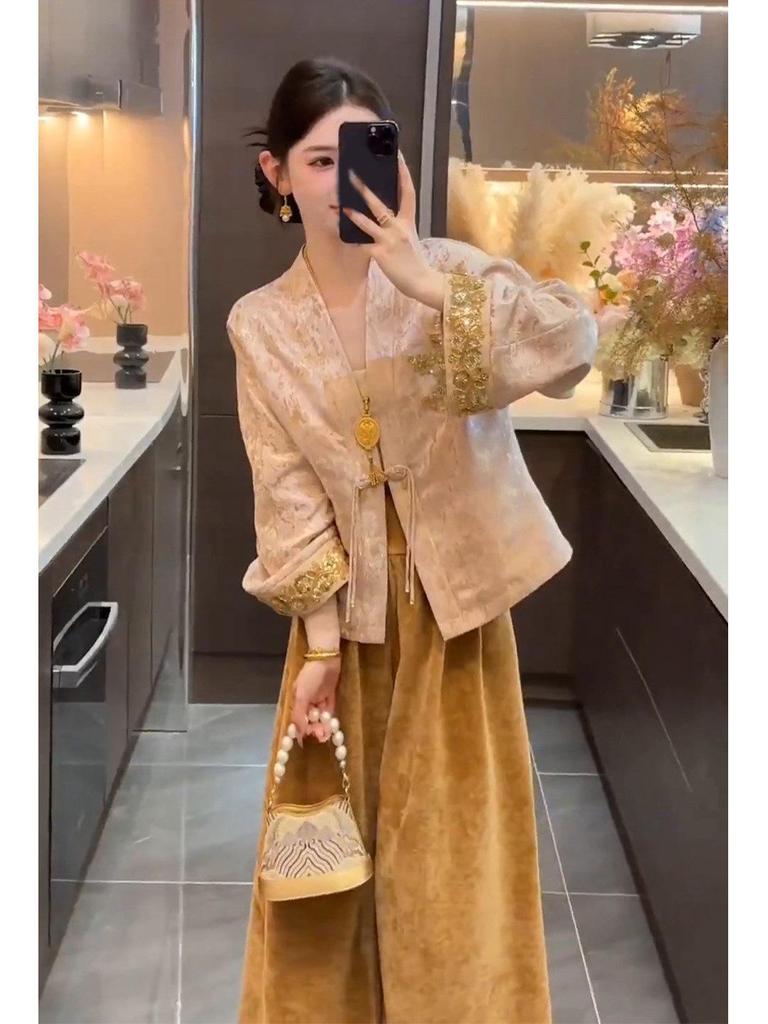 Autumn 2025 Modern Chinese Embroidered Frog Button Jacket & Wide-Leg Pants Two-Piece Set