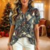 Women's V-Neck Christmas Print Short Sleeve Button-Up Blouse with Ruffle Trim