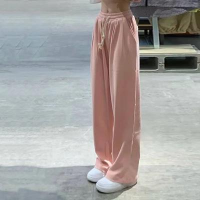 Women's Spring/Summer Thin Korean-Style Waffle-Patterned Pink Wide-Leg Pants - Loose Slim-Fit Straight-Leg Trousers Athletic and Casual Wear