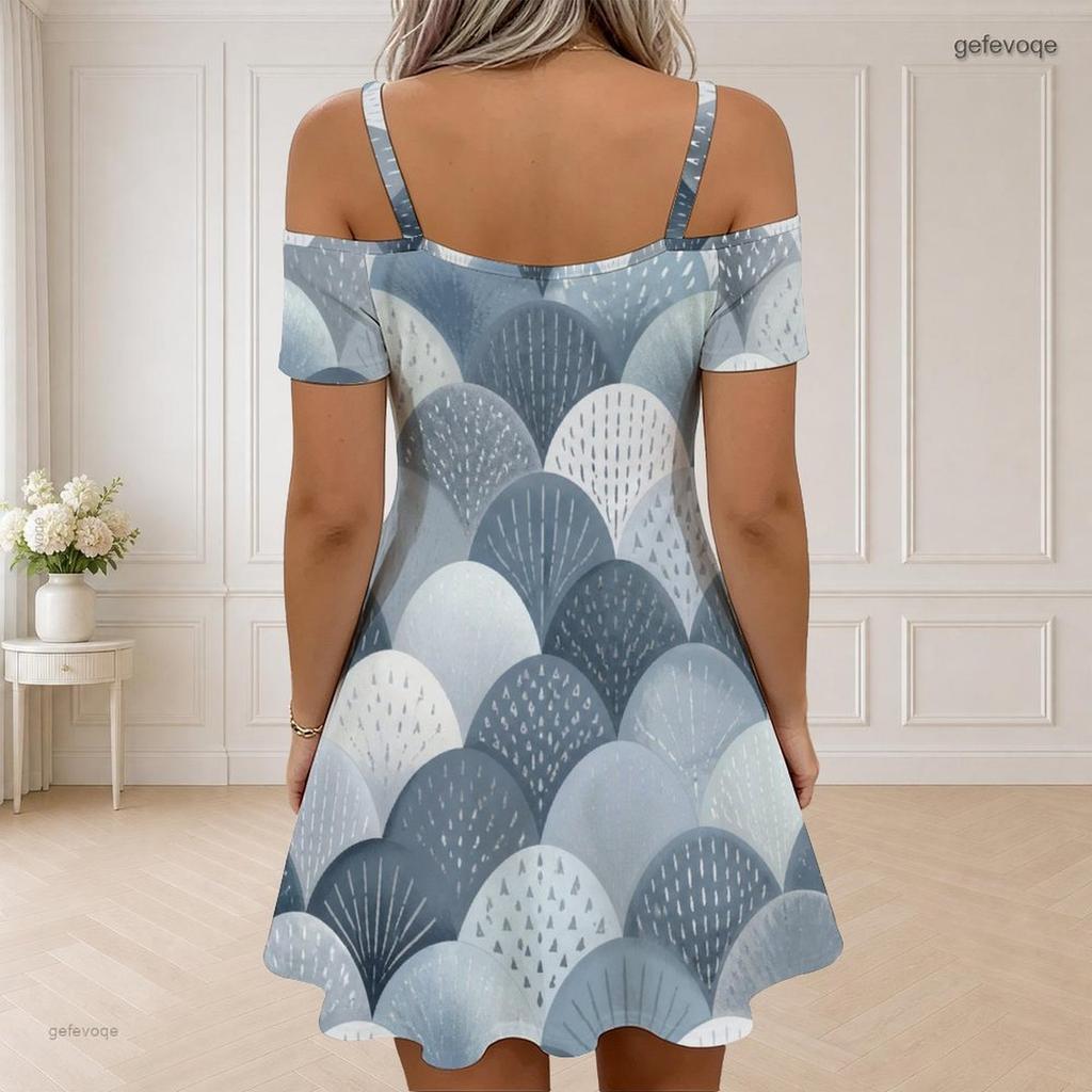 Women Plus Size Cold Shoulder Printed Dress V Neck Zipper Short Sleeve Chain Strap Flared Hem