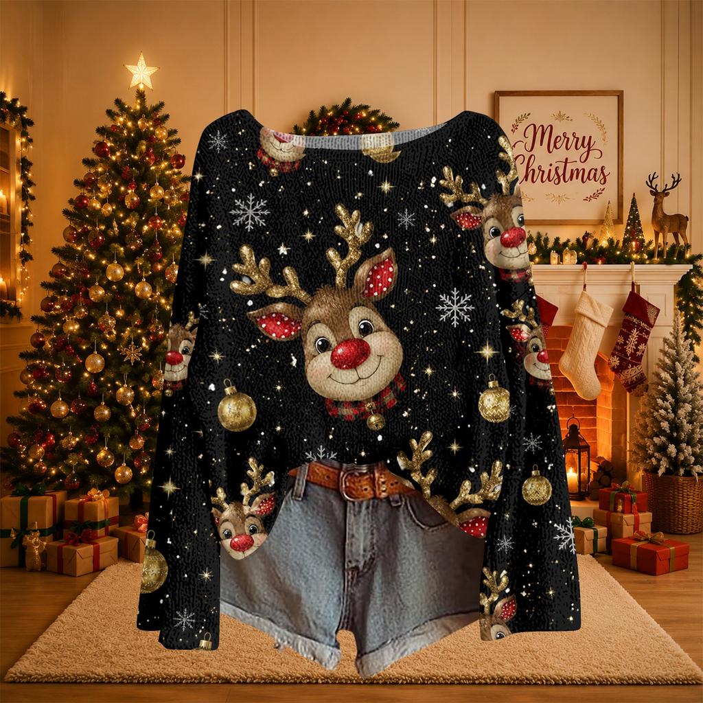 Women's Christmas Print Lightweight Knit Sweater Casual Long Sleeve Pullover Top