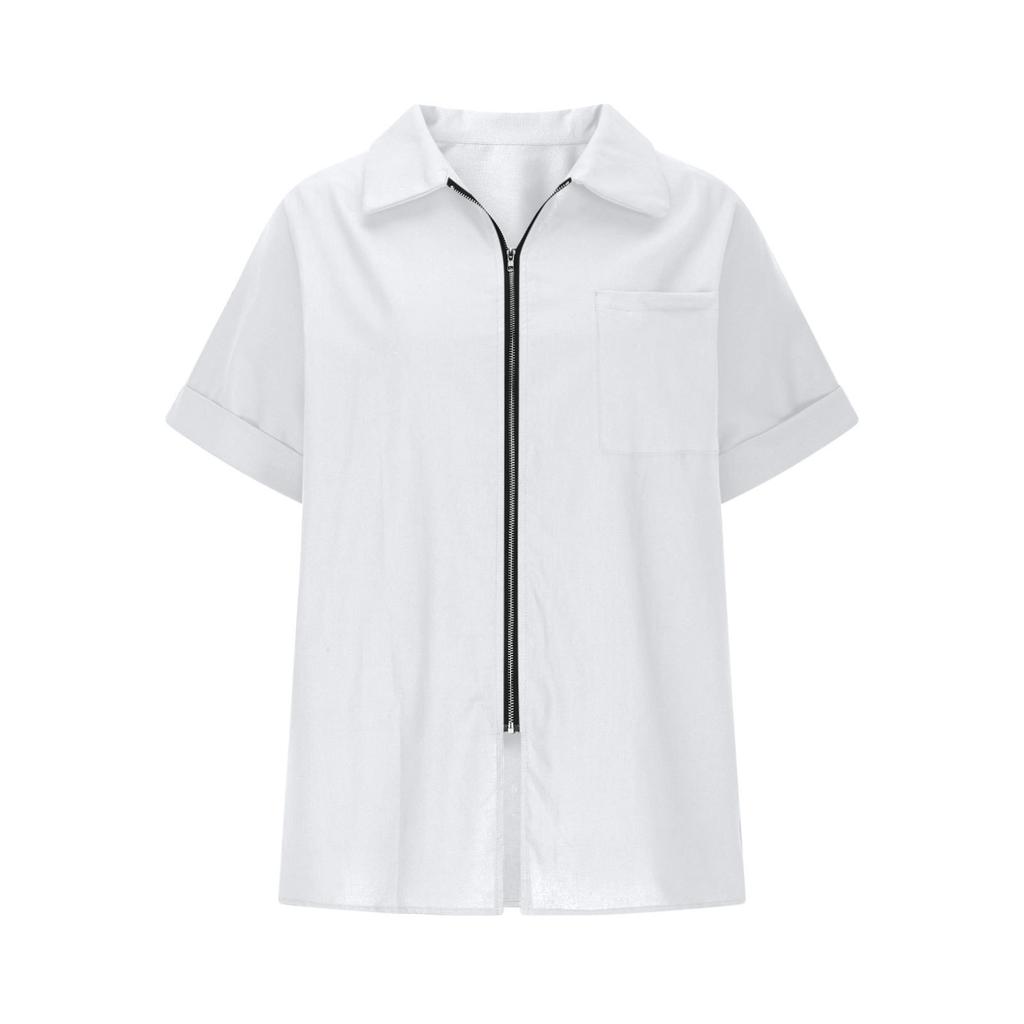 2026 Spring/Summer Cotton-Linen Pocket Button Short-Sleeve Shirt Casual Women's T-Shirt