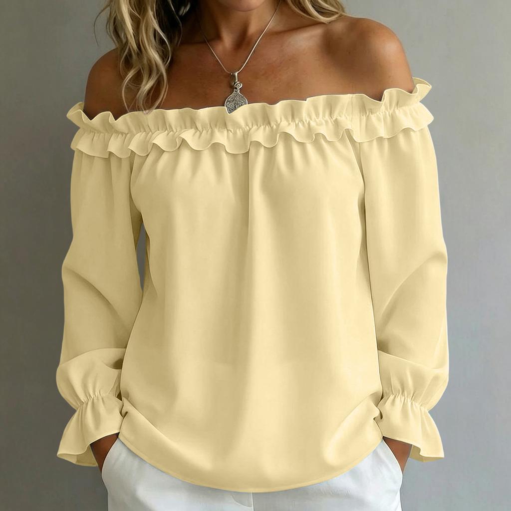 Damen Schulterfrei Bluse Langarm Rüschenbesatz Elastischer Ärmelabschluss Lässig Locker Sitzendes Oberteil für den Alltag