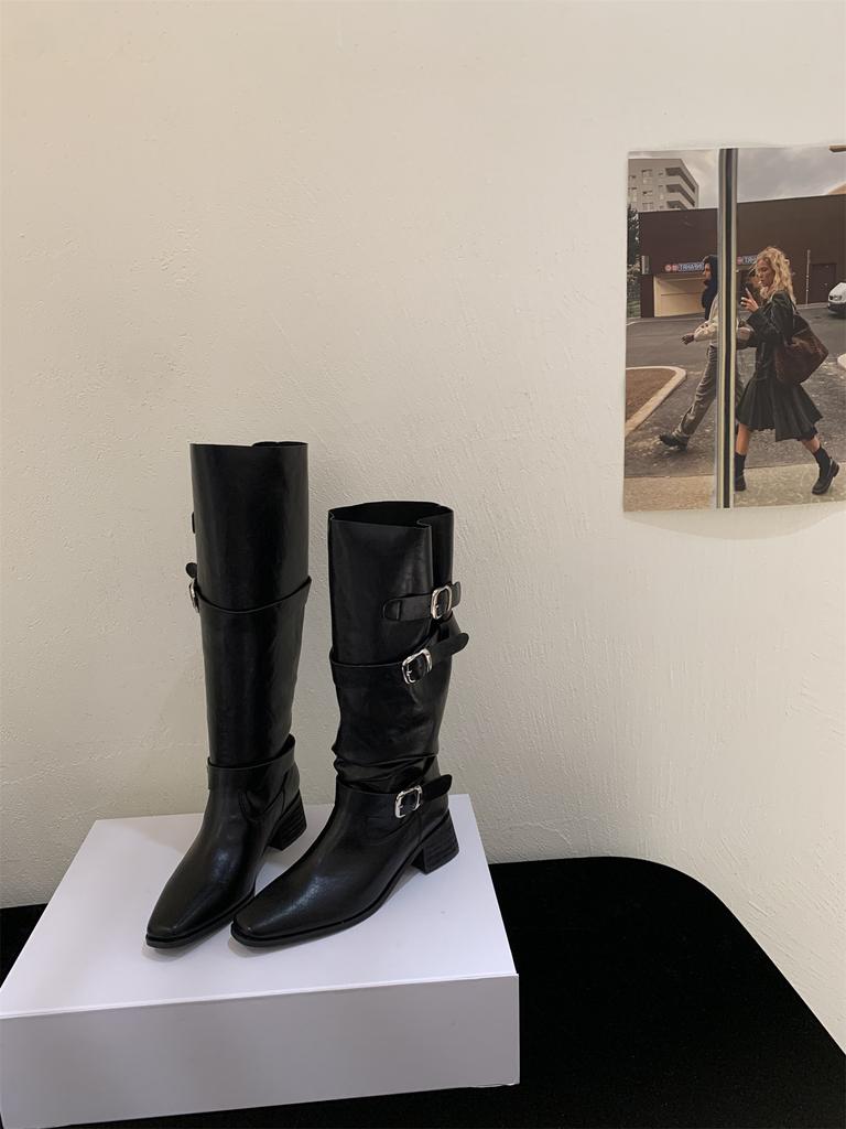 2025 Autumn and Winter Western Skinny Long Knight Boots Khaki High Heel Suede Pile Medium Boots Women's Boots