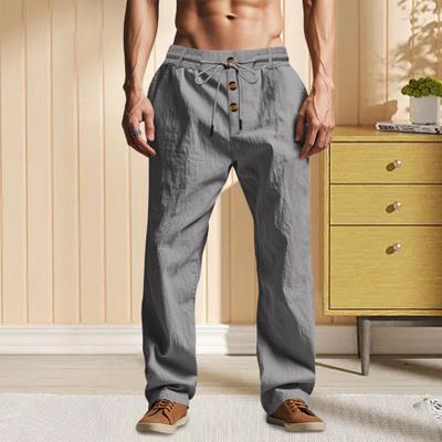 Men's Summer Linen Pants Casual Solid Color Baggy Trousers Beach Yoga Trousers with Pockets Elastic Waist Drawstring for Daily Wear And Vacation