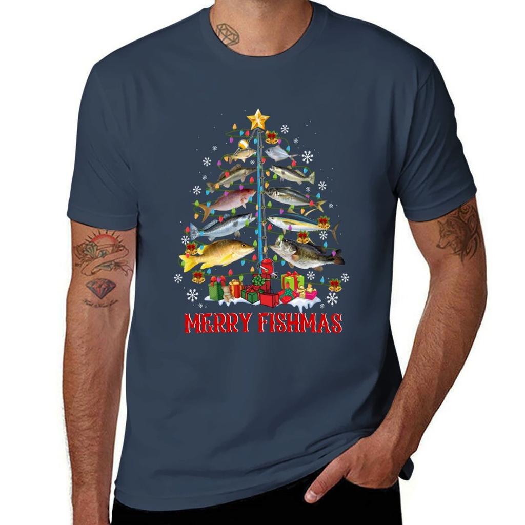 Funny Fish Christmas Tree For Unisex Grandpa Fishing Lovers Dad Tshirt Work Style Casual Tshirt