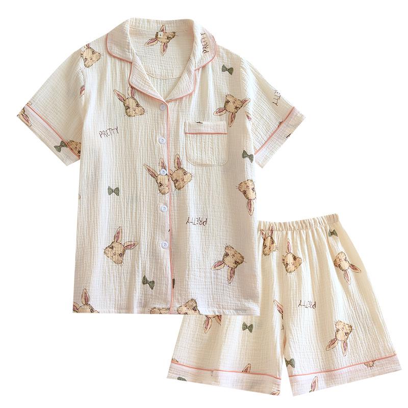 Women's Summer Cotton Crepe Pajama Set with Short Sleeves & Shorts