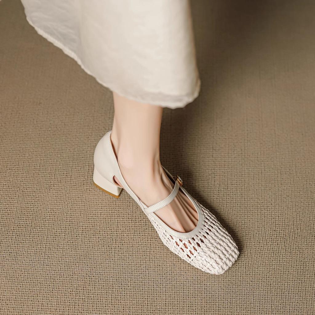 French Retro Soft Leather Square Head Woven Hollowed Mary Jane Shoes Women's 2025 New Middle Heel One-word Strap Single Shoes Women