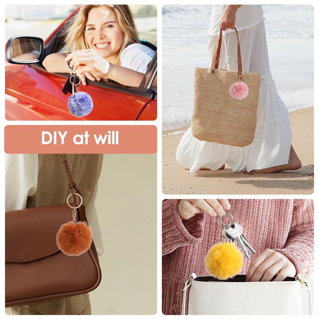 60Pcs Fluffy Pompom Keychain Women Luxury Pompom Keyring Accessory Gold Color Chains Pompons Fake Fox Rabbit Fur Charms Chain