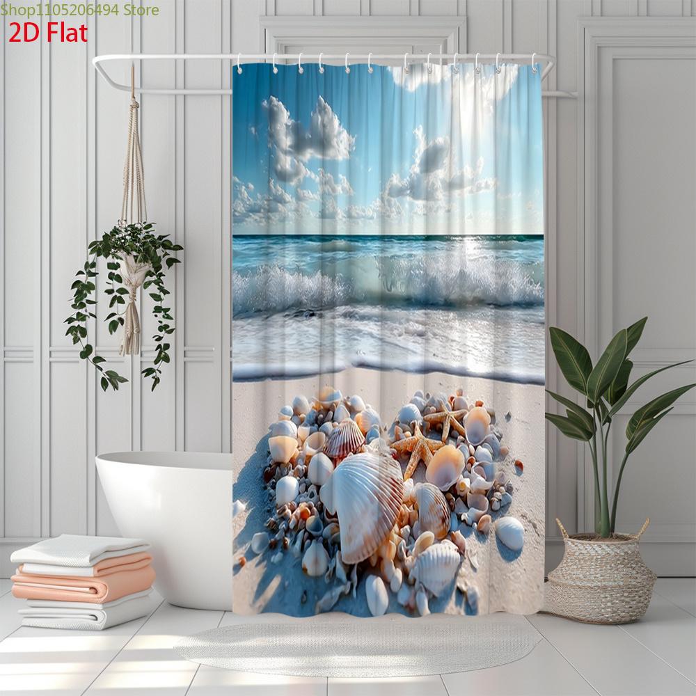 2D Flat, 1Pc Coastal Beach Shower Curtain With Seashells, Starfish & Ocean Waves - Bath Curtain Suitable For Bathtub/Shower, M