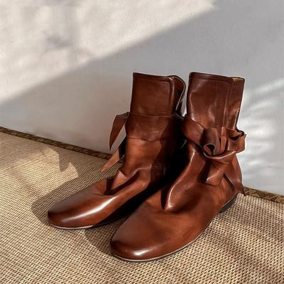 Real Leather Polished Short Boots Womens Autumn/winter New Chelsea Short Boots with Bow Flat Bottom Pleated Pile Leather Shoes