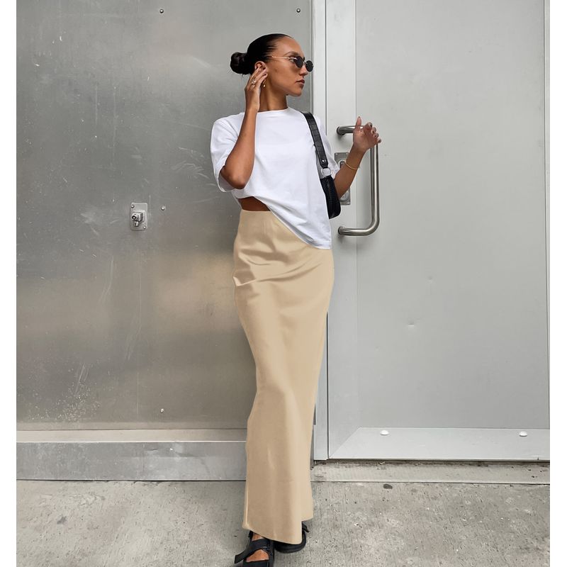 

Fashion Style Summer Black Skirt Satin Drape Mermaid Dress High Waist Fishtail Skirt Champagne L