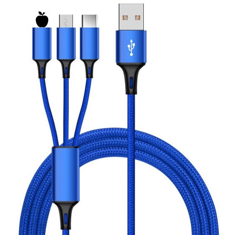 Nylon Braided 3-in-1 Fast Charge Cable for Apple, Android, and Type-C Devices (3A)