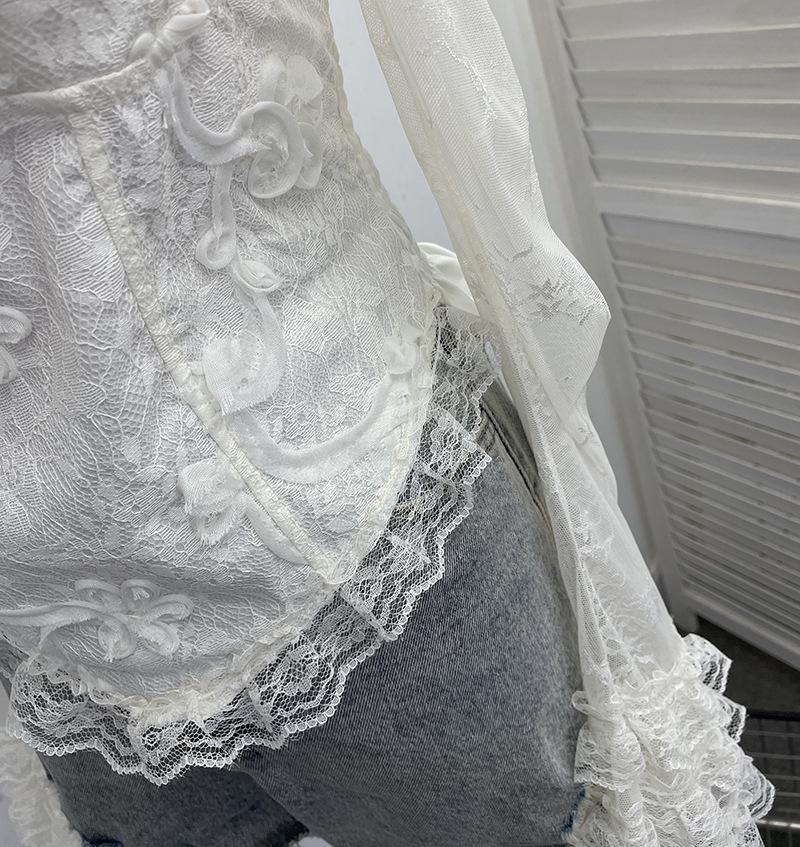 French Retro One-Shoulder Pearl Strap Lace Top with Chest Pads