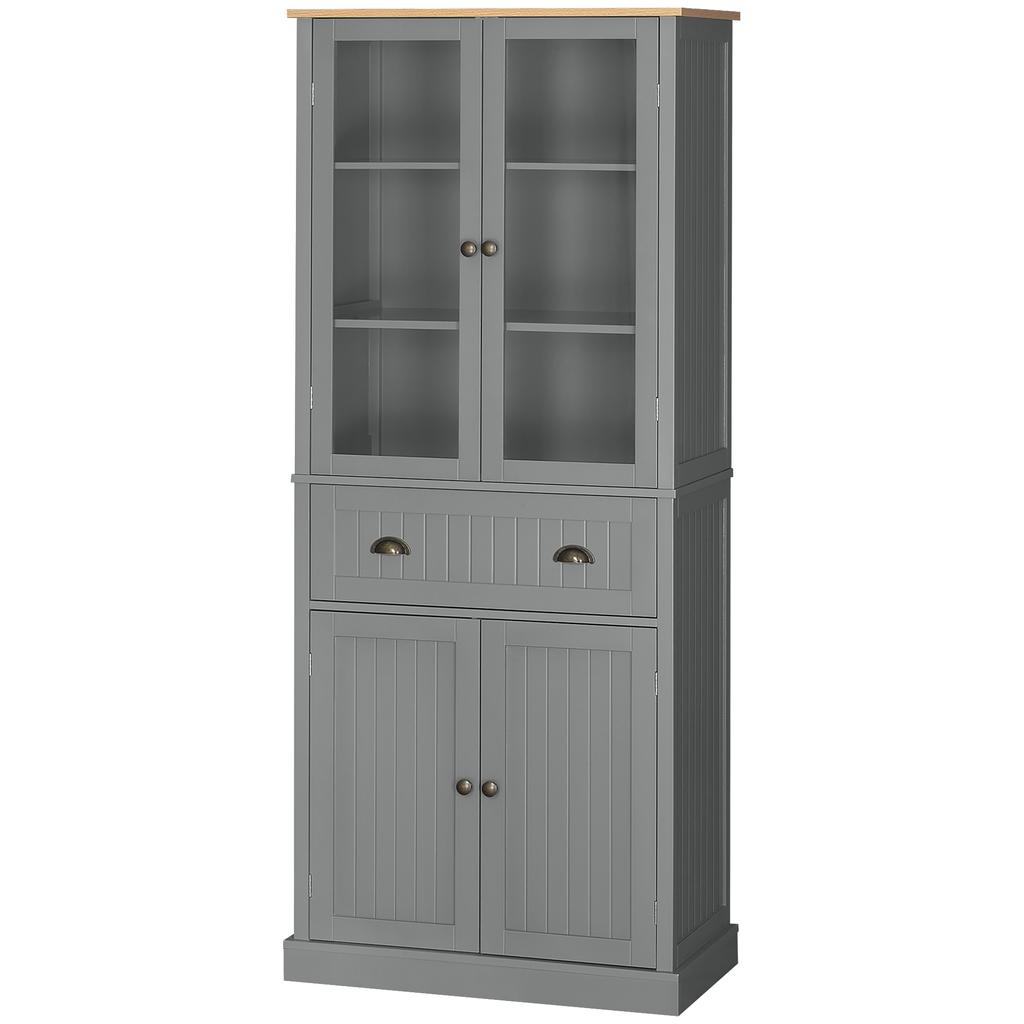 Kitchen Sideboard Storage Cabinet, 4 Doors (2 Glass), 1 Drawer, Adjustable Shelves, Grey