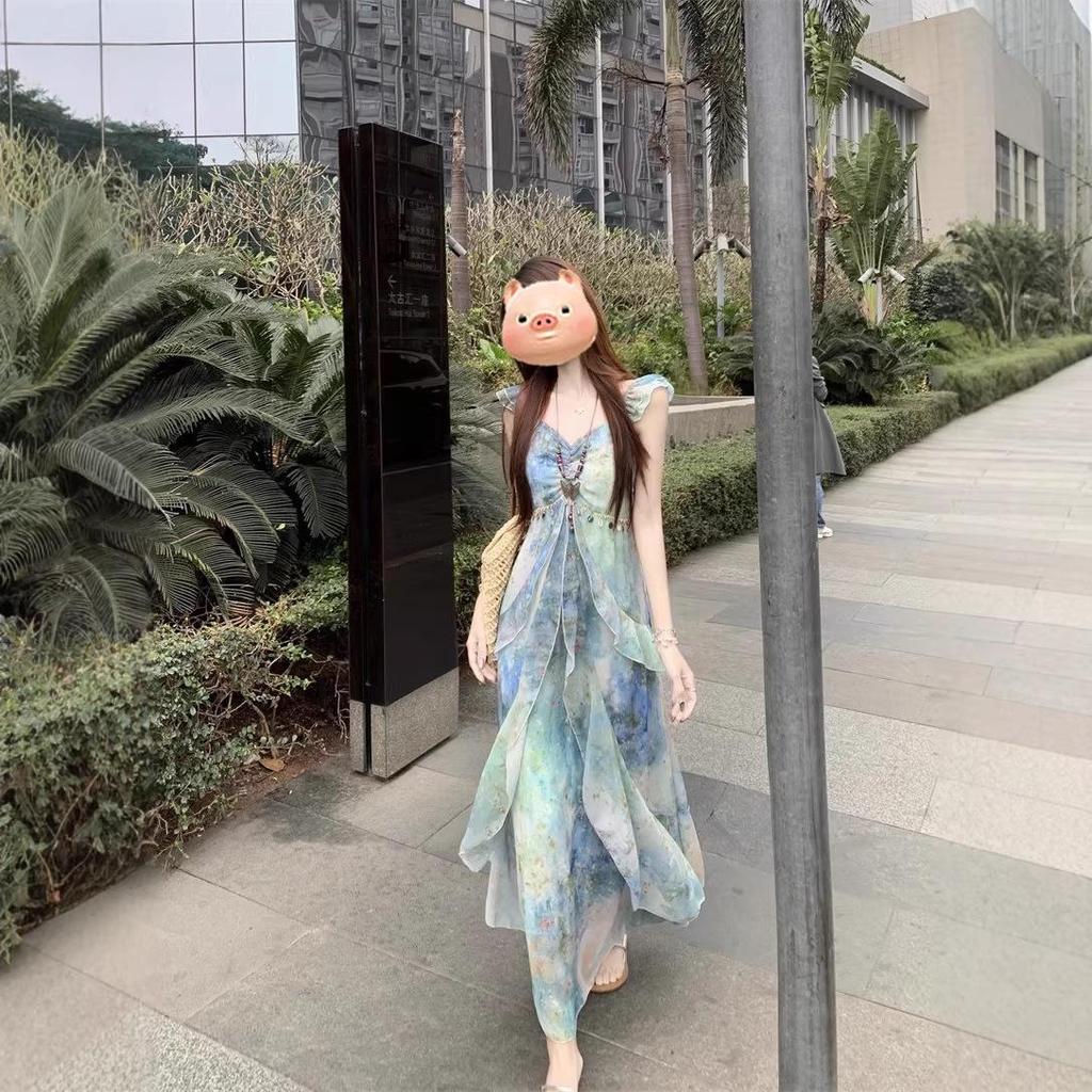 Seaside Resort Style Flutter Sleeve Camisole Dress - Women's Summer 2026 Waist-Cinched Irregular Fairy Dress