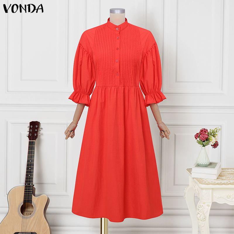 

VONDA Women Stand Neck Puff Sleeve Buttons Pleating Casual Loose Long Swing Dress 5XL красный